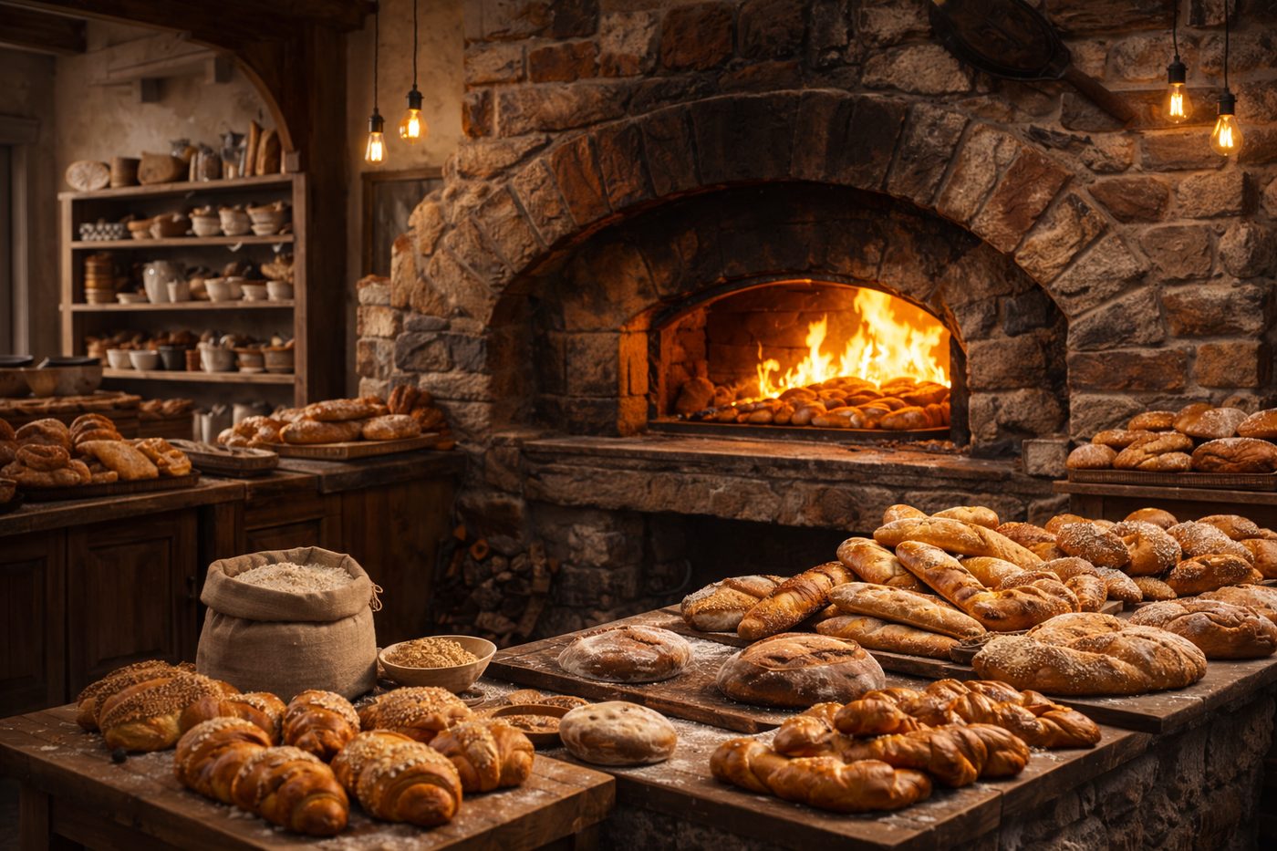 Inside Le Levain de Koh Tao — freshly baked bread and pastries displayed on wooden counters with the stone oven glowing in the background