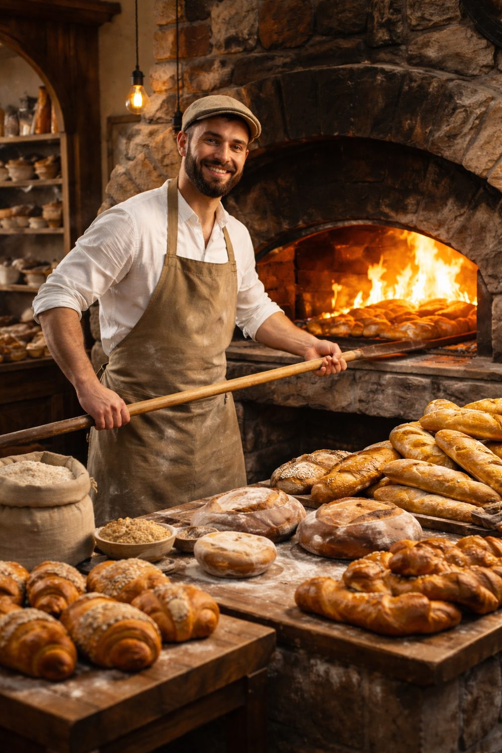 Jean-Marc Delatour, baker and founder of Le Levain de Koh Tao, standing in front of his stone oven with freshly baked bread and pastries